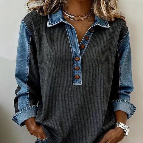 Denim splicing lapel loose pit strip sweater m302294