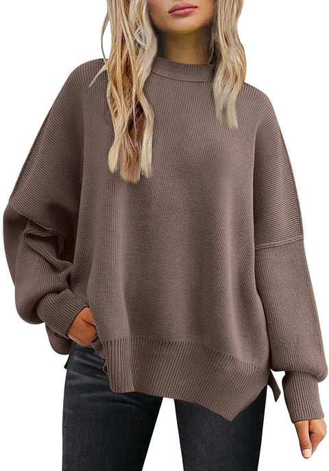 Crew neck bat wing long-sleeved sweater autumn knitted side slit jumper m301590