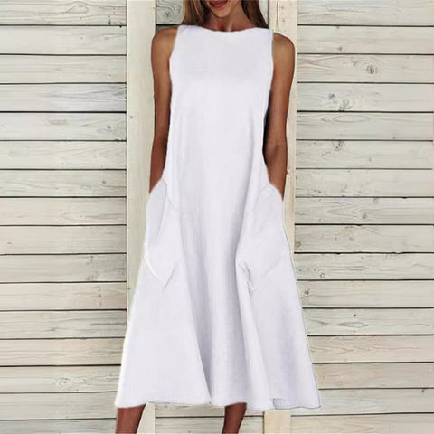 round Neck Sleeveless Double Pocket Dress M300157