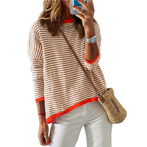 Crew neck striped contrasting color long-sleeved casual sweater m300958