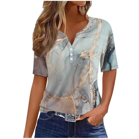 V-neck three-button 3D printed short-sleeved women's top m300617