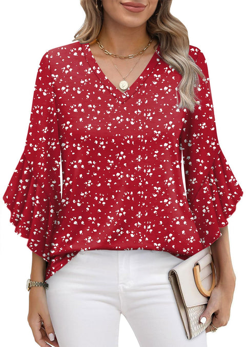 Solid color knitted printed V-neck ruffle edge seven-quarter sleeve loose top m301522