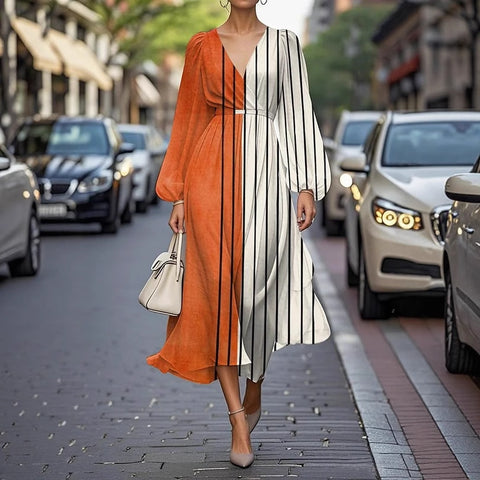 Floral series pattern 3D printing series casual women's V long dress m302129