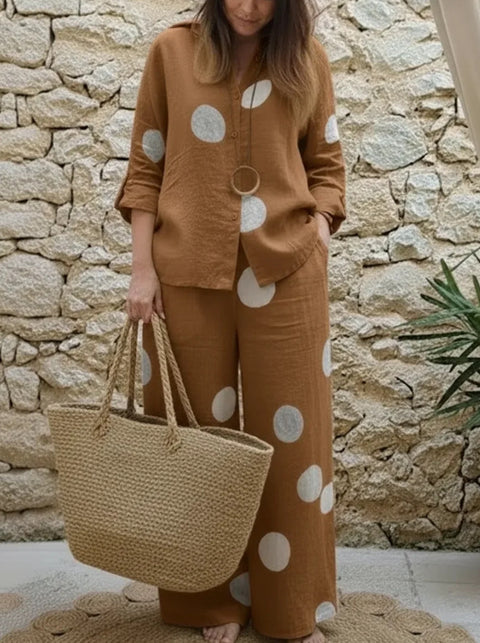 Women's suit long-sleeved lapel button-up top trousers printed two-piece set m302718