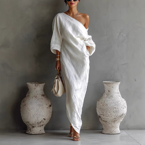 Spring and Summer New Fashion High-end Women's Long Sleeve Off-the-Shoulder Long Skirt Mid-Waist Pullover Dress M302506