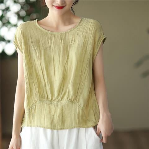 Vintage twisted pleated pendulum tencel ramie top femininity short-sleeved literary jumper m302056