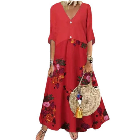 V-neck Short Sleeve Printed Long Dress Button Casual Skirt M300187