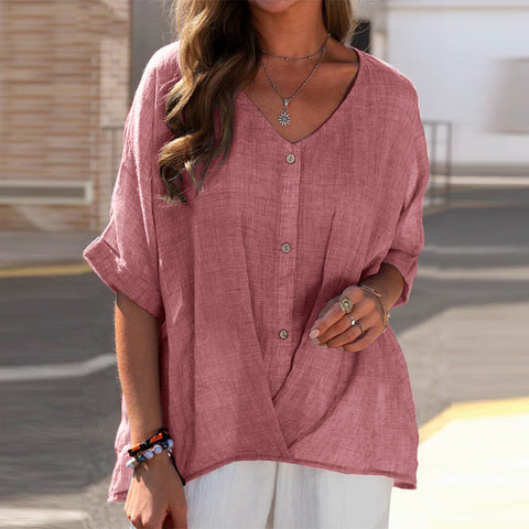 Cotton and linen V-neck pullover short-sleeved loose-fitting women's shirt casual top m301320