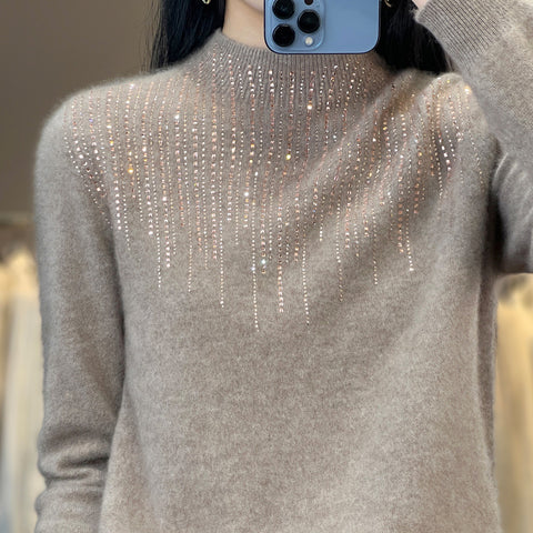Pure wool semi-turtleneck short diamond-encrusted pullover knitted sweater m300559
