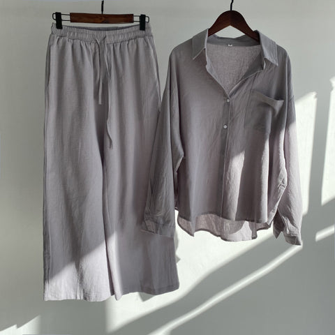 Cotton and linen shirt set high waist loose trousers m301983