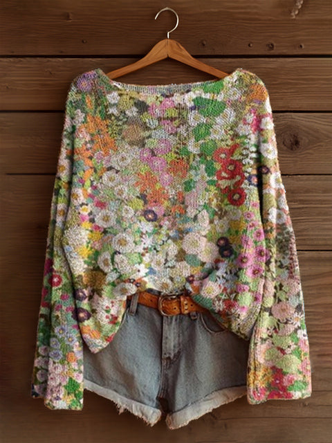 Vacation print casual cape top crew neck knitted sweater m302130