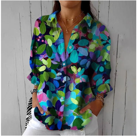 3D digital printing abstract pattern women's long-sleeved buckle linen shirt m301277