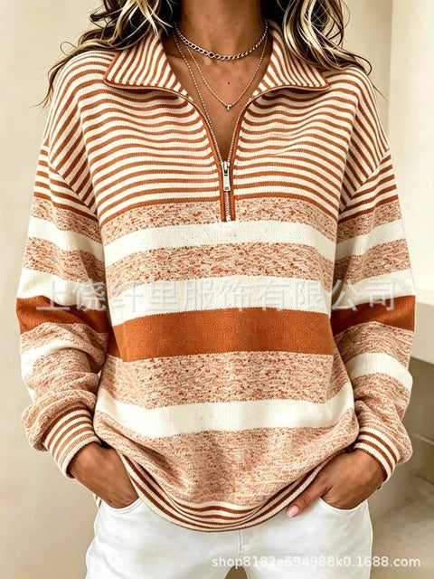 Striped print long-sleeved zipper stand-up collar women's casual sweater FF303291