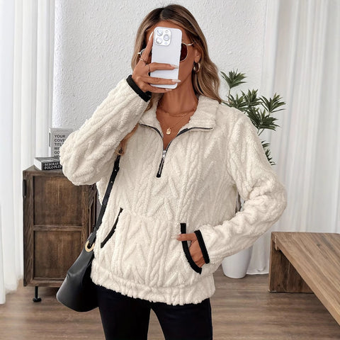 Lapel small fragrant wind jacquard half zipper plush pocket short sweater m302167