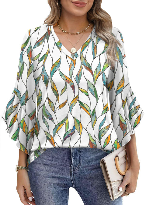Solid color knitted printed V-neck ruffle edge seven-quarter sleeve loose top m301522