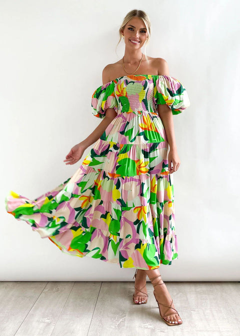 Puff Sleeve Holiday Slim Looking Long Dress off-Shoulder Printed Dress Female M300282