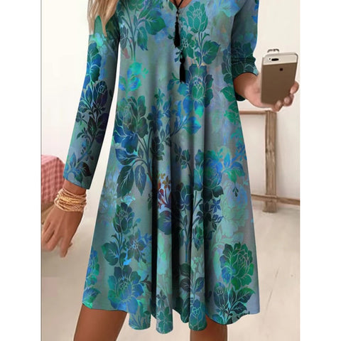 Autumn and winter V-neck high waist retro gradual change color printing nine-quarter sleeve loose dress m300742