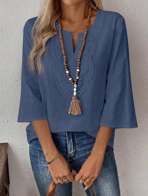 Women's loose solid color V-neck lace edge shirt m301477