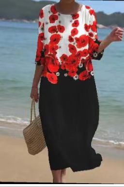 Loose crew neck fashion high-end long-sleeved printed dress m301053