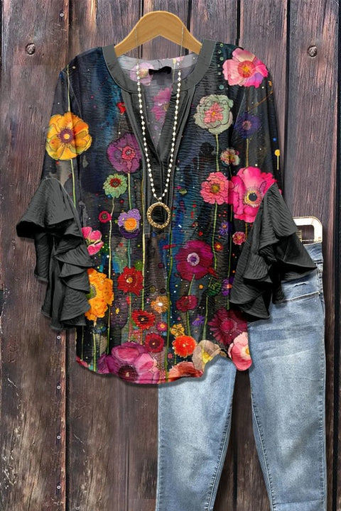 Creative floral element printing digital printing casual trend V-neck lotus edge T-shirt women's top m301778