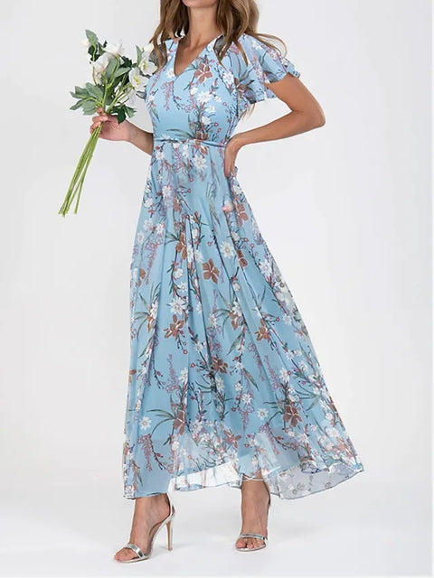 Beach pendulum long dress chiffon floral short-sleeved ruffle V-neck fashion waist dress m301342