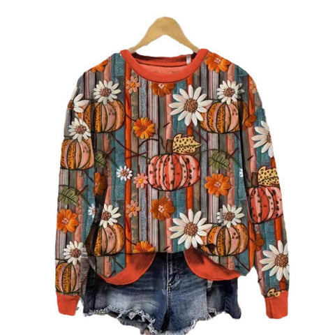 Halloween fashion pumpkin print autumn and winter new crew neck women's top M800004