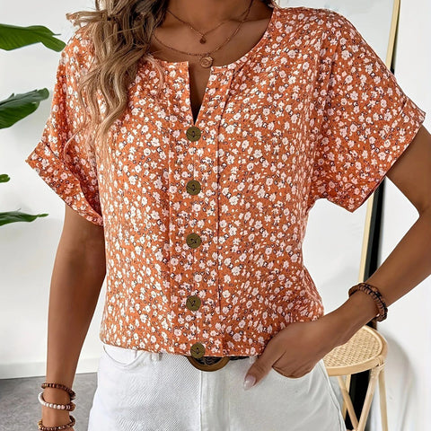 Plant Jacquard V-Neck T-Shirt Short Sleeve Women's Casual m302704