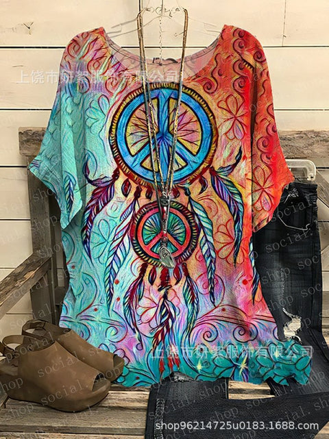 Loose round neck short-sleeved cotton and linen top women's m301281