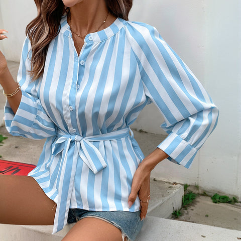 Spring and summer fashion versatile striped lace-up v-neck seven-quarter sleeve shirt m300836