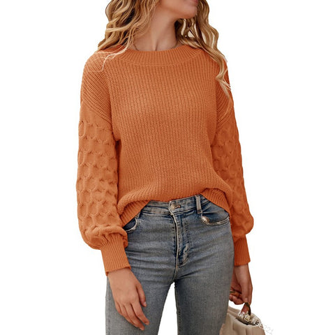 Long Sleeve Crew Neck Sweater Commuter Lantern Sleeve Knitted Top m300511
