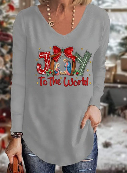 Loose 3D V-neck long-sleeved T-shirt women's Christmas printed bottoming shirt m302098