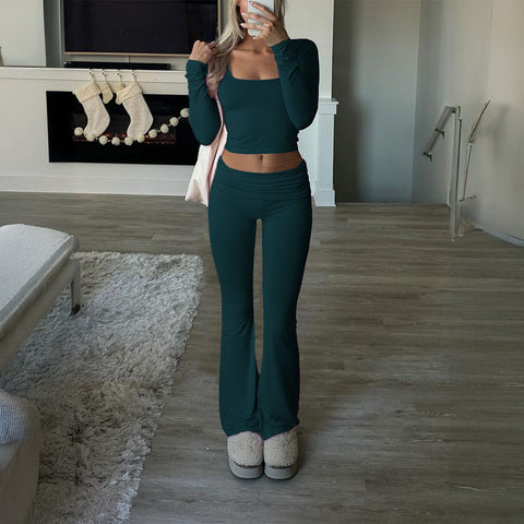 Solid color casual knitted long-sleeved top yoga suit two-piece pants set m301815