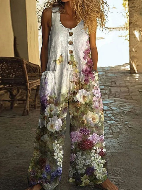 Casual sleeveless loose pocket overalls women's long jumpsuit m301435