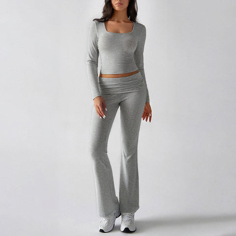 Solid color casual knitted long-sleeved top yoga suit two-piece pants set m301815