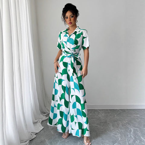 Printed short-sleeved wide-leg pants jumpsuit m301402