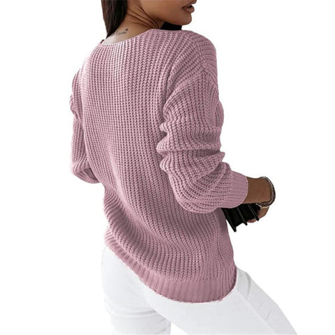 Sweater Women's Long Sleeve V-Neck Solid Color Twist Casual Knitted Pullover M300487