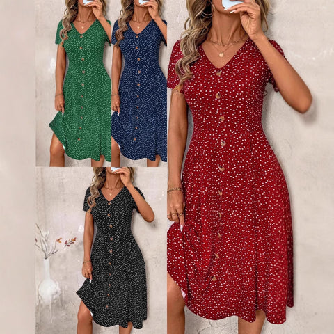 Fashion polka dot women's dress sexy V-neck breasted short sleeve polka dot m301727