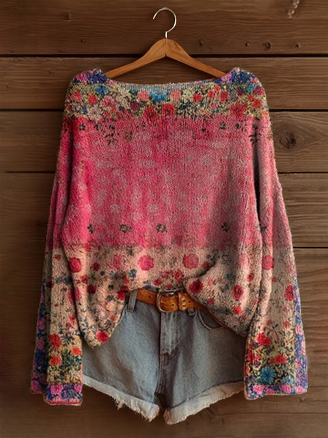 Vacation print casual cape top crew neck knitted sweater m302130