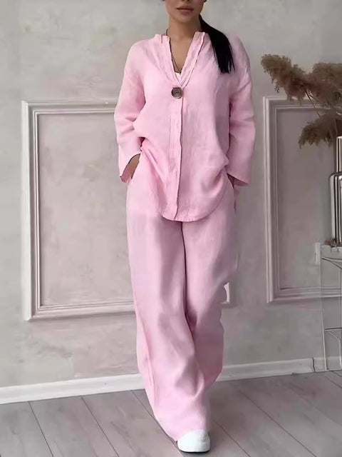 Women's comfortable loose top wide-leg pants casual cotton and linen suit m302154