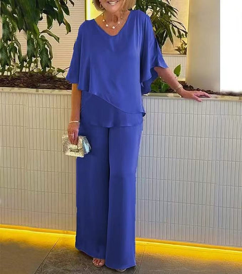 Set Solid color V-neck irregular hem casual set m301319