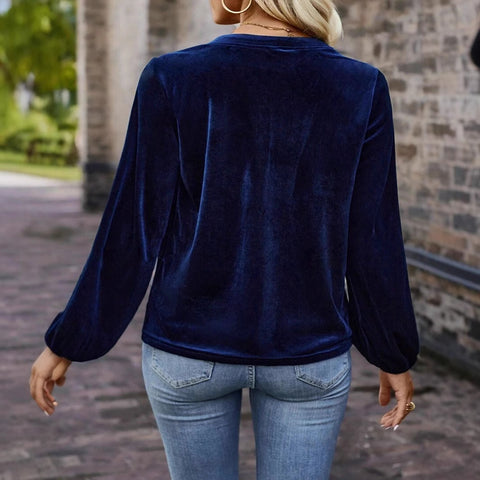 Solid color pullover V-neck casual temperament commuter button long sleeve top women m302275