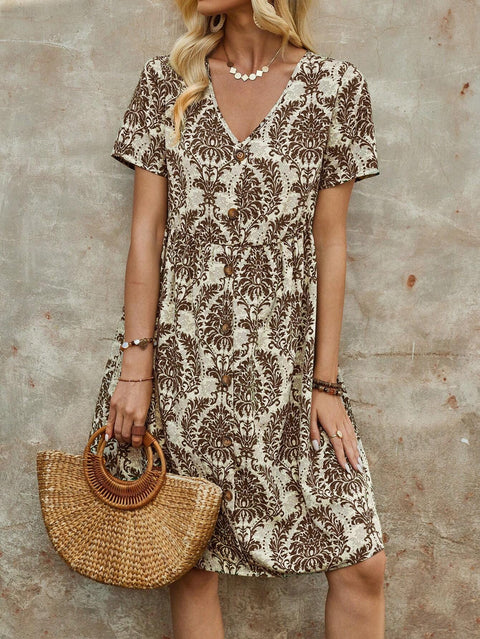 Fashion printed V-neck short-sleeved loose medium dress m301014