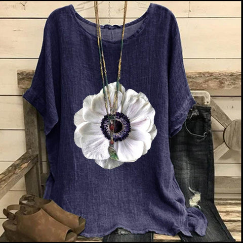 Loose round neck short-sleeved cotton and linen top women's m301281