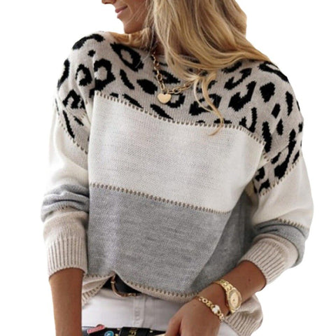Color matching leopard print crew neck casual sweater m302285