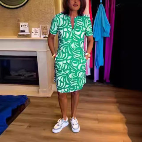 Short sleeve printed V-neck fashion dress m301312