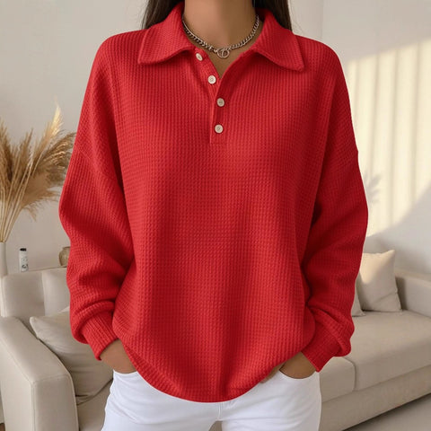 Loose solid color lapel versatile polo shirt waffle long sleeve women's top m302256