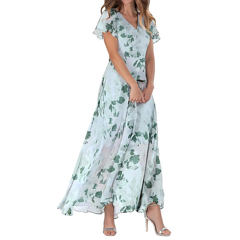 Big pendulum long dress V-neck short-sleeved printed chiffon dress m301544
