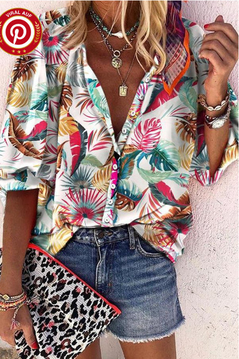 Fashion summer European and American women's clothing stand-up collar loose button retro printed casual shirt m301723