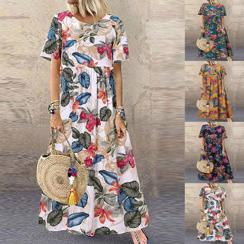 Long dress Amazon round neck casual women's retro floral print loose short sleeve m301972