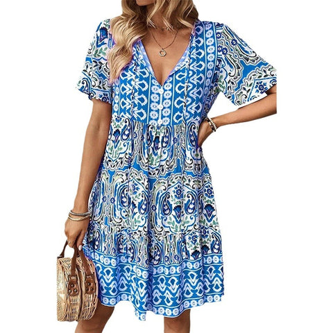 New V-neck dress fashionable loose bohemian print skirt m300994